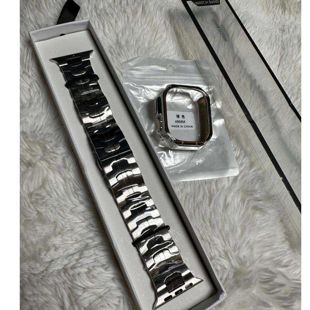 GLAM BUDDHA 49mm Apple Watch Silver Metal Band & Protective Case Cover Set New